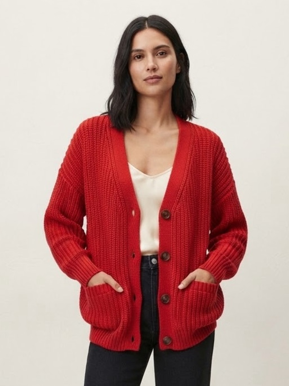 Zara Sz M Chunky Red Casual Relaxed Wool Blend Cardigan Sweater